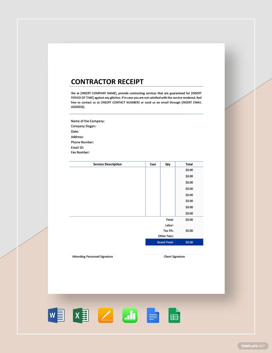 Sample Contractor Receipt Template Download In Word Google Docs Excel Google Sheets Apple