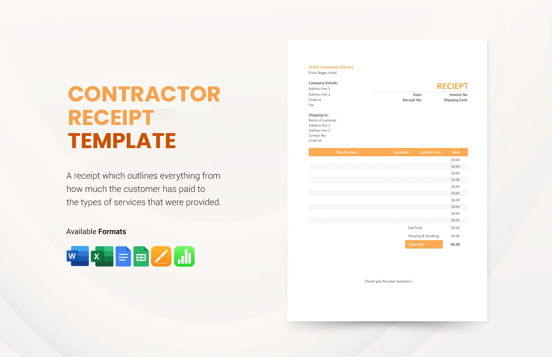 Contractor Receipt  in Word, Google Docs, Excel, Google Sheets, Apple Pages, Apple Numbers
