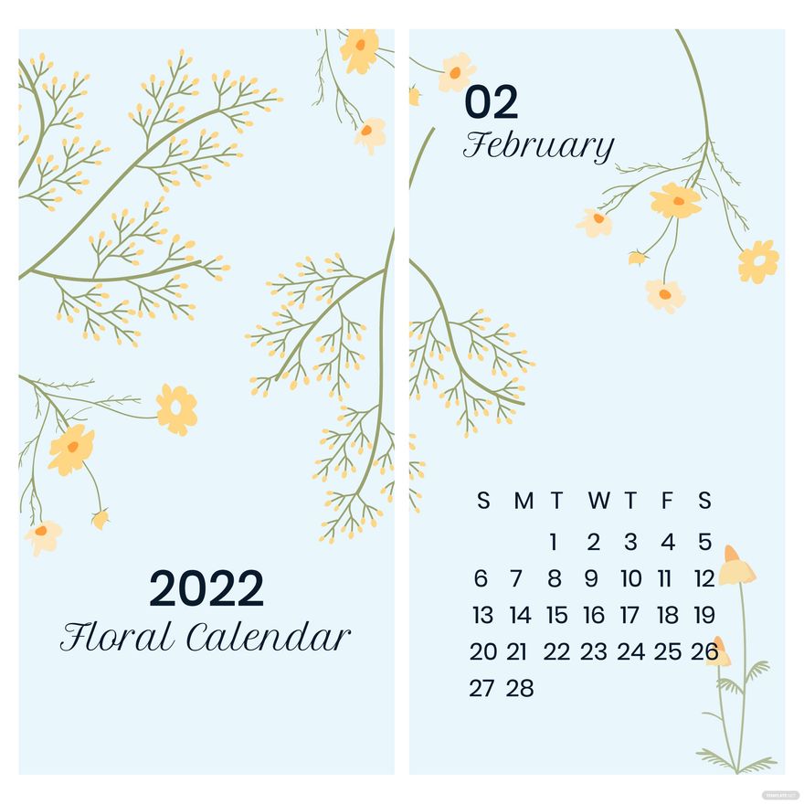 Free Floral February 2022 Calendar Vector EPS, Illustrator, JPG, PNG