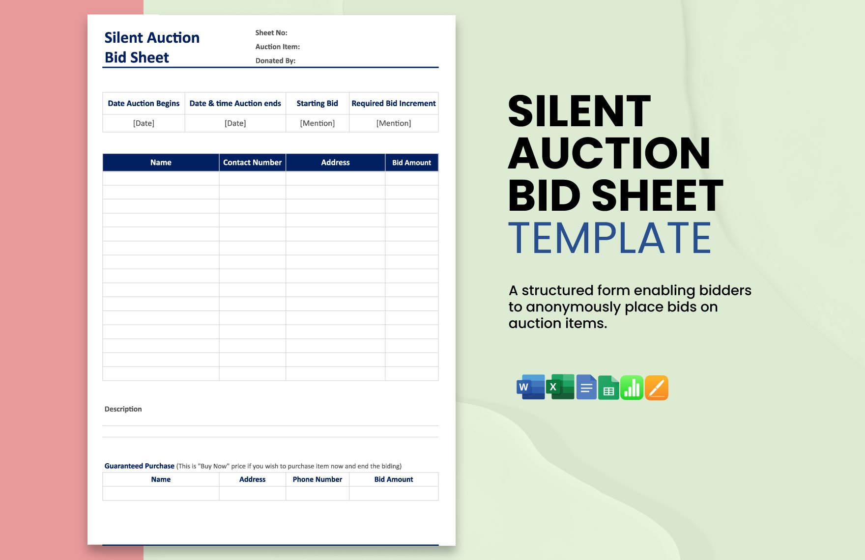 Silent Auction Bid Sheet Template in Word, Google Docs, Excel, Google Sheets, Apple Pages, Apple Numbers