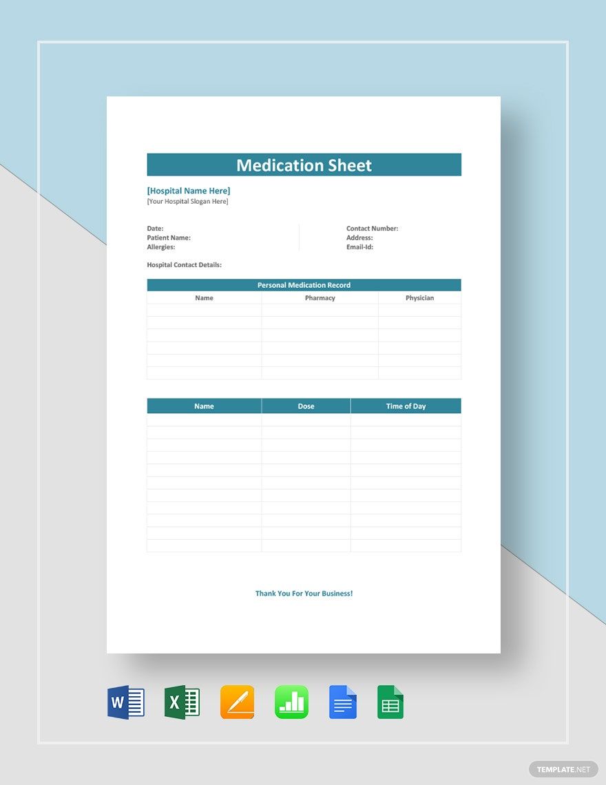 Medication Sheet Template in Word, Google Docs, Excel, Google Sheets, Apple Pages, Apple Numbers