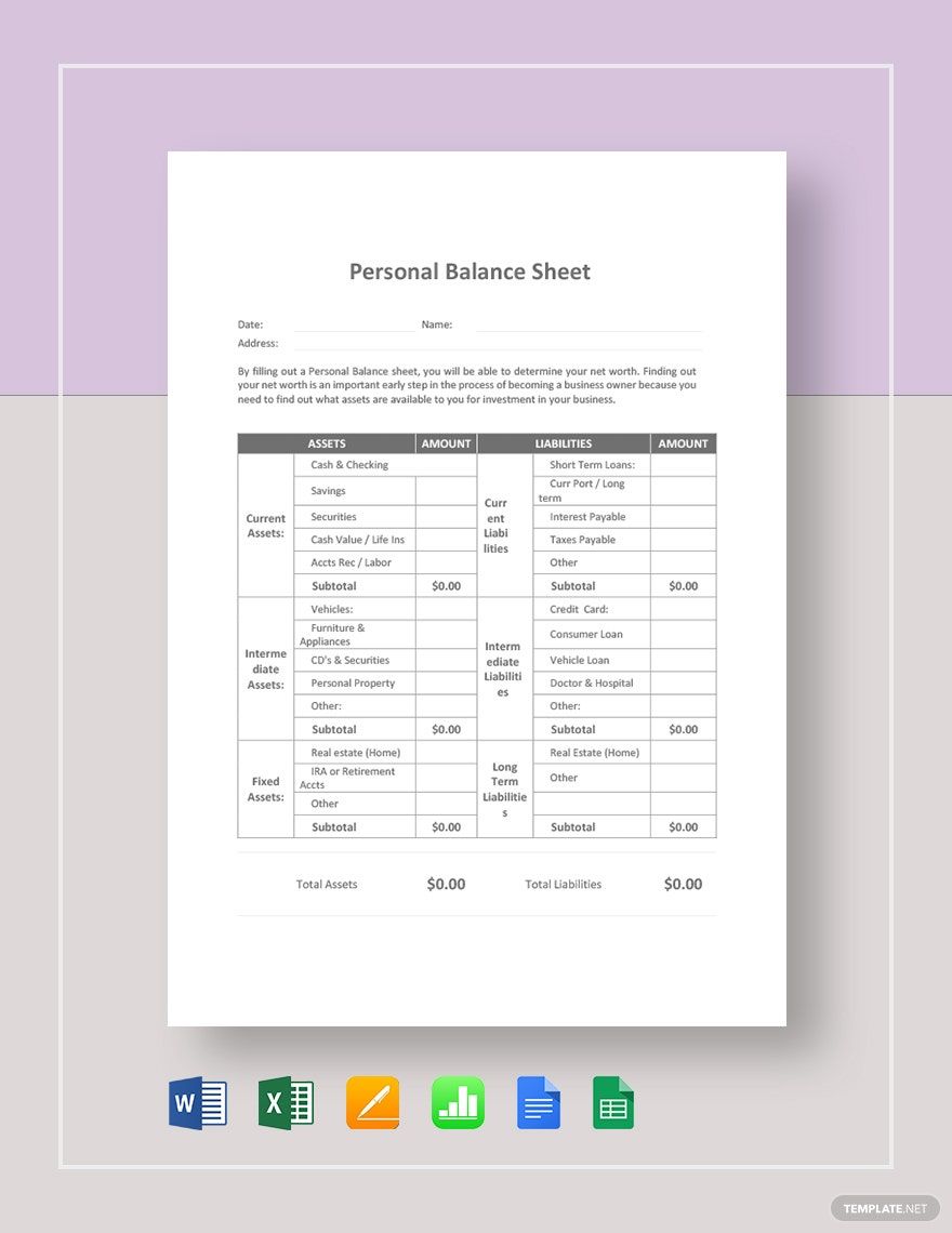 Personal Balance Sheet Template Google Docs, Google Sheets, Excel