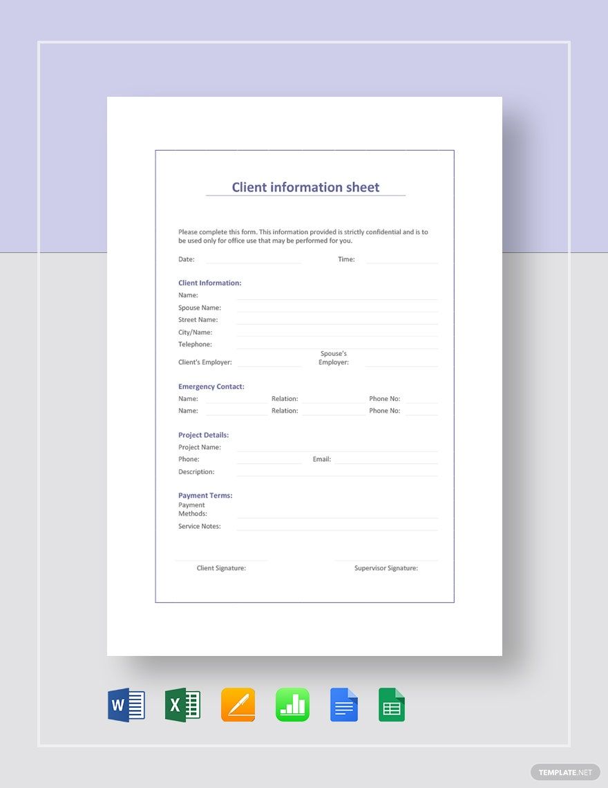 Client Information Sheet Template in Google Docs, Excel, Pages, Apple Numbers, Word, Google Sheets - Download | Template.net