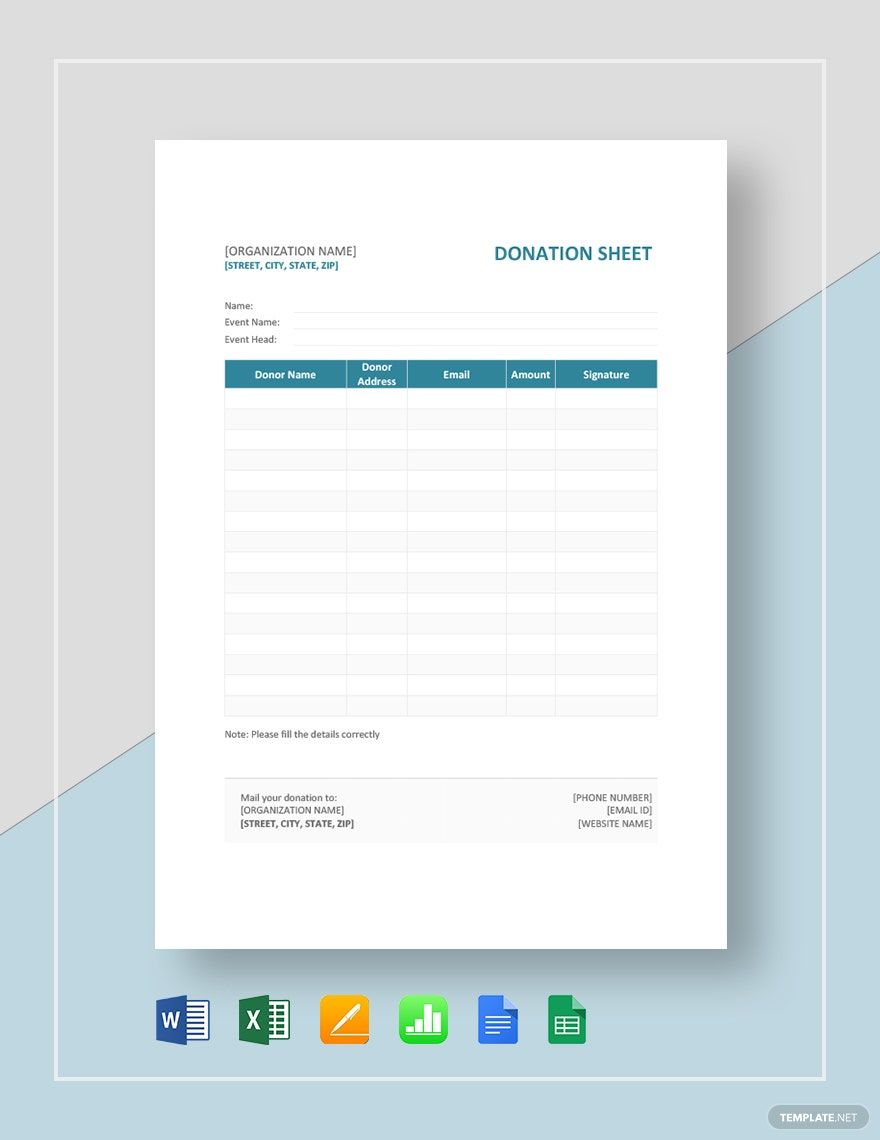 Donation Sheet Template in Word, Google Docs, Excel, Google Sheets, Apple Pages, Apple Numbers