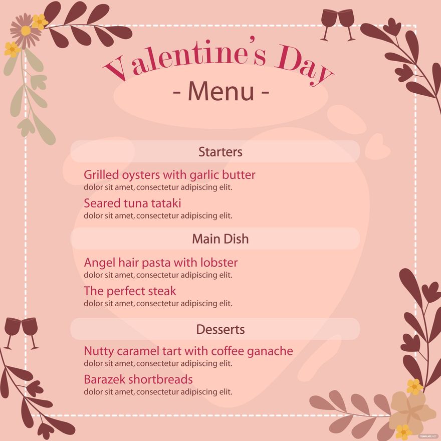Romantic Valentine's Day Menu Template Word, Outlook, Apple Pages