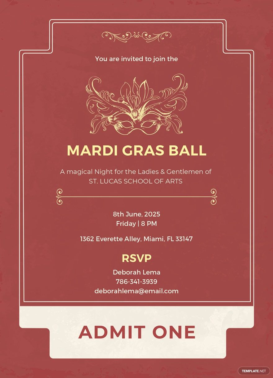 Mardi Gras Style Ticket Invitation Template