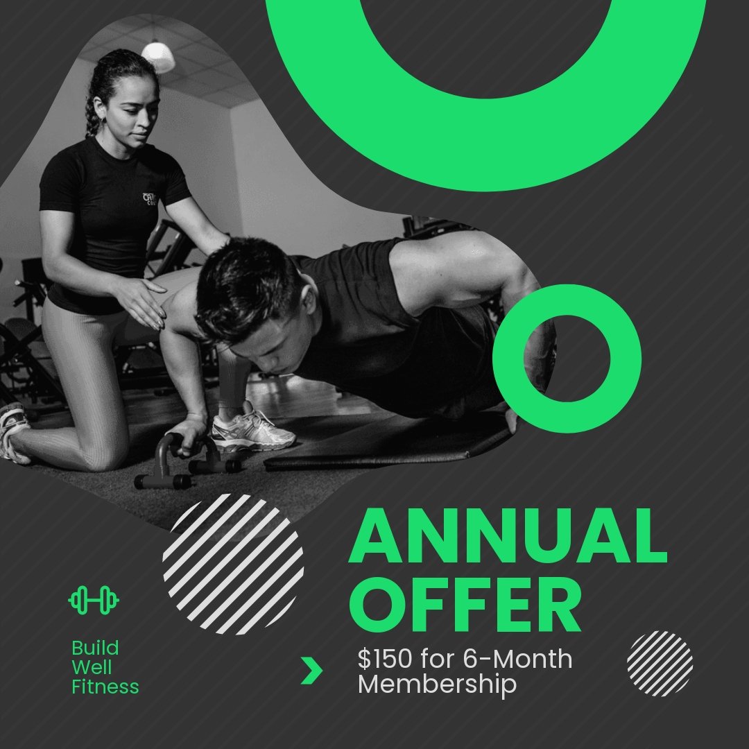 Free Annual Fitness Center Offer Post, Instagram, Facebook Template
