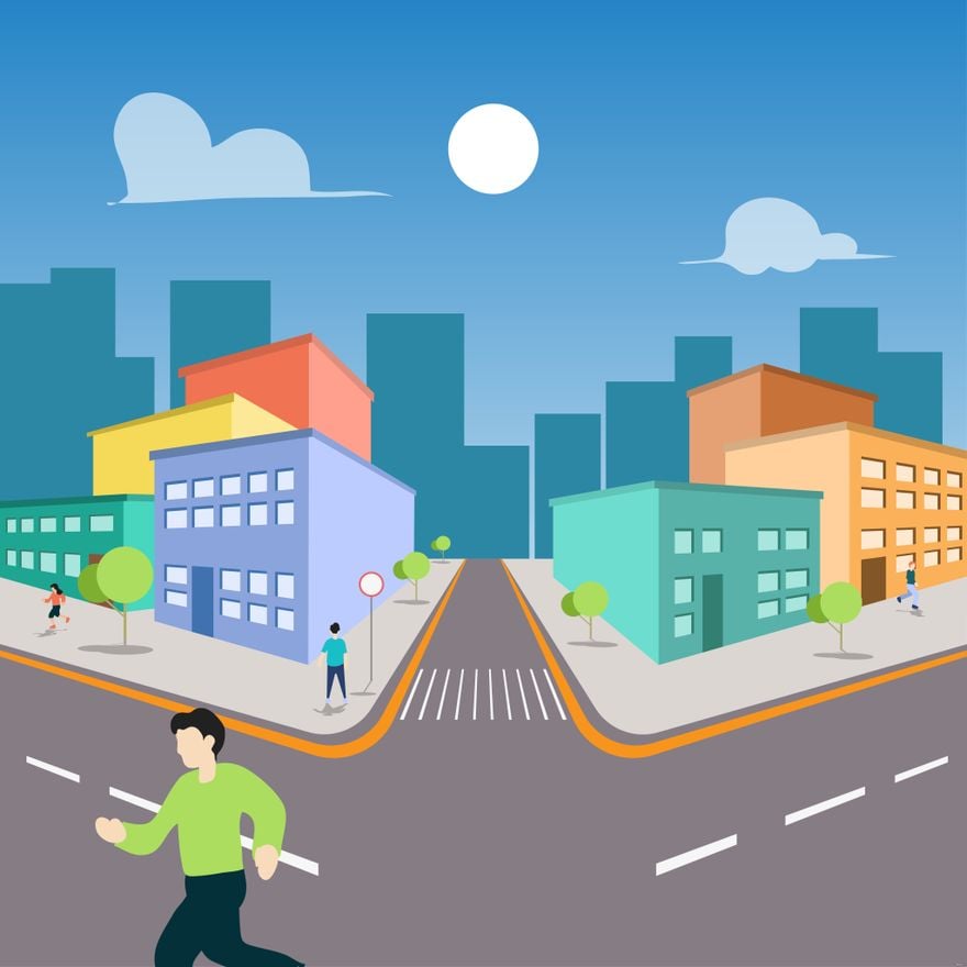 Free Downtown Street With People Illustration