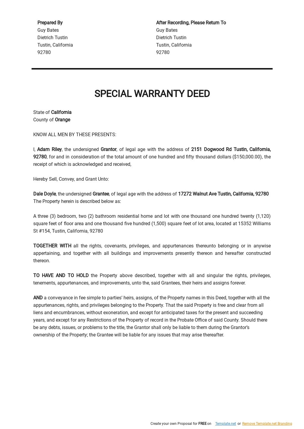 Special Warranty Deed Template 