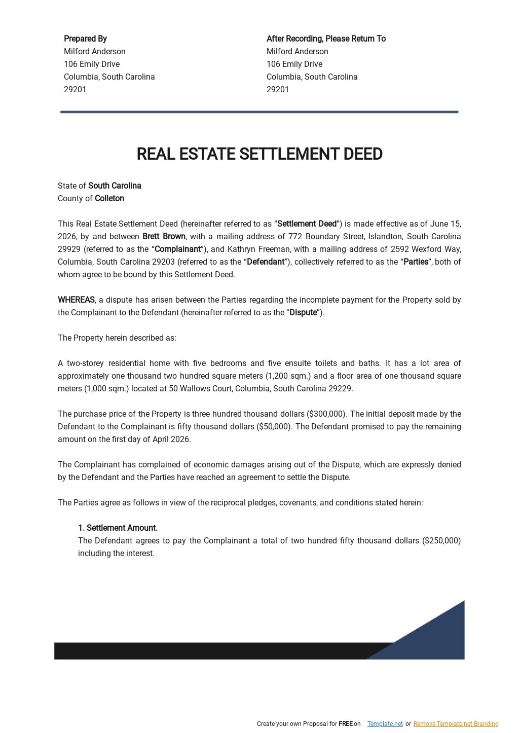 Real Estate Settlement Deed Template 