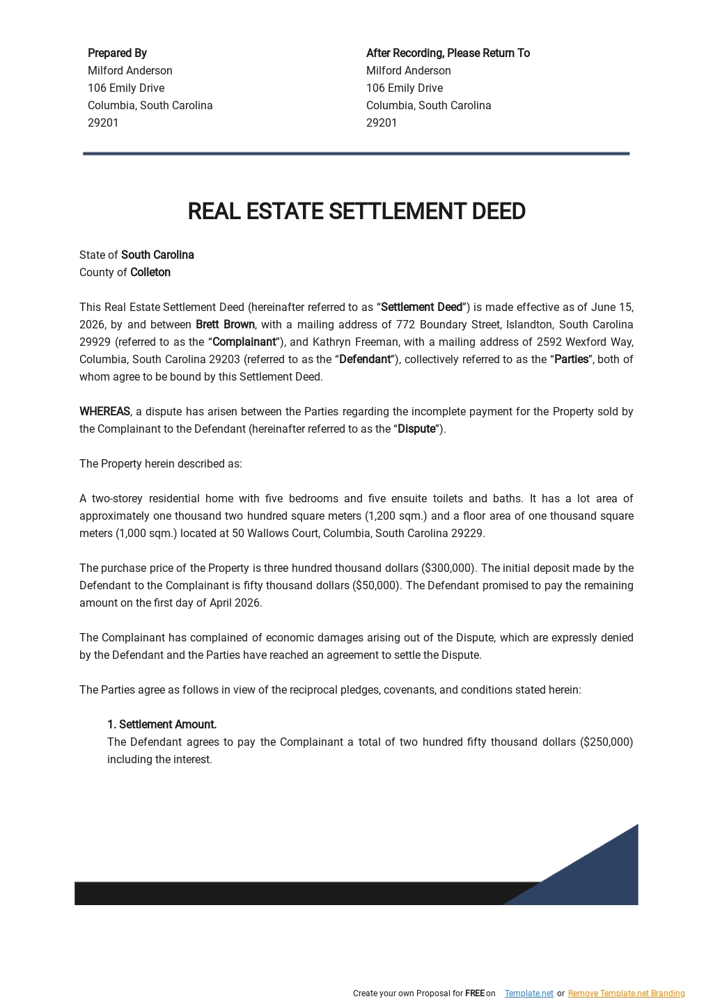 Real Estate Settlement Deed Template Google Docs Word Apple Pages