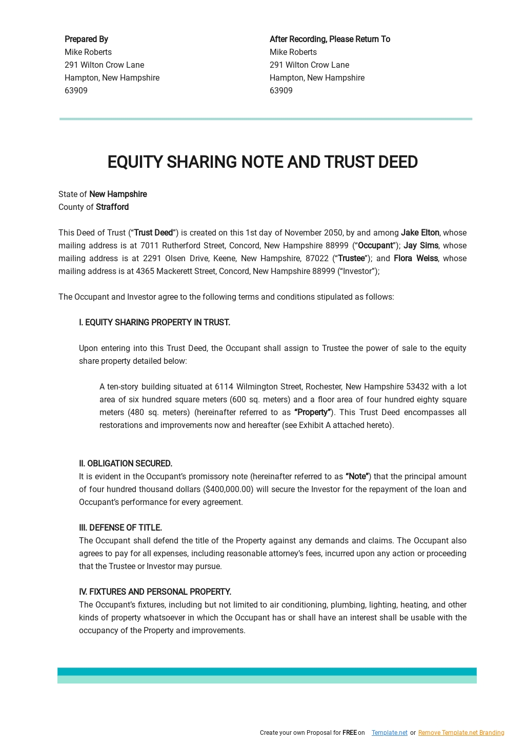 Equity Sharing Note and Trust Deed Template