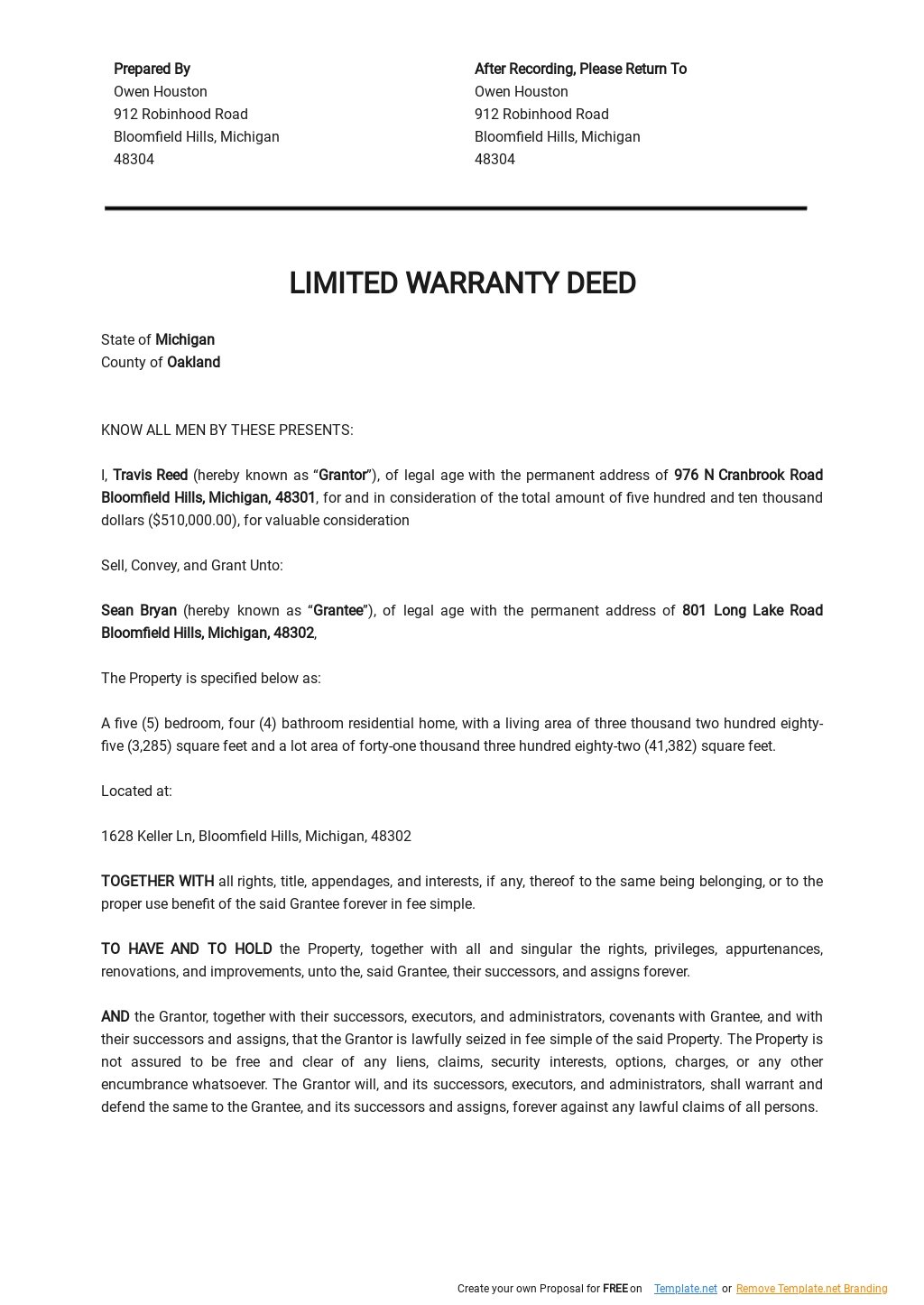 Limited Warranty Deed Template