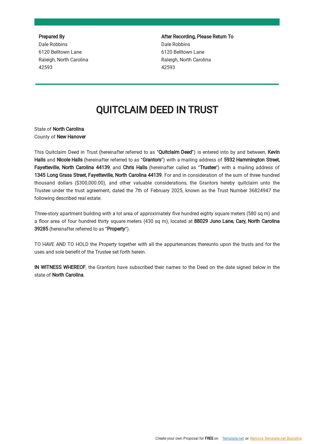 Quitclaim Deed in Trust Template