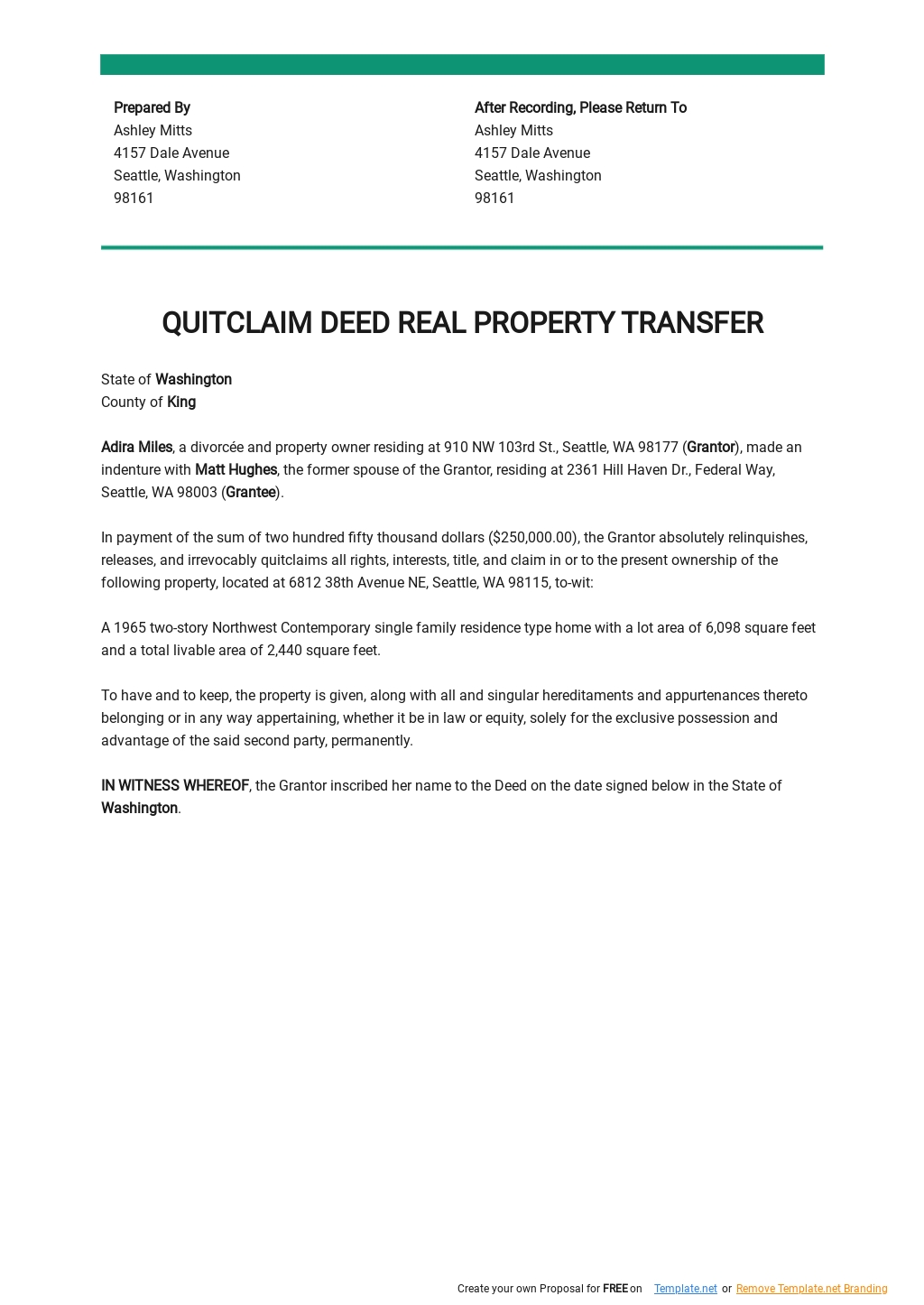 Quit Claim Deed Real Property Transfer Template