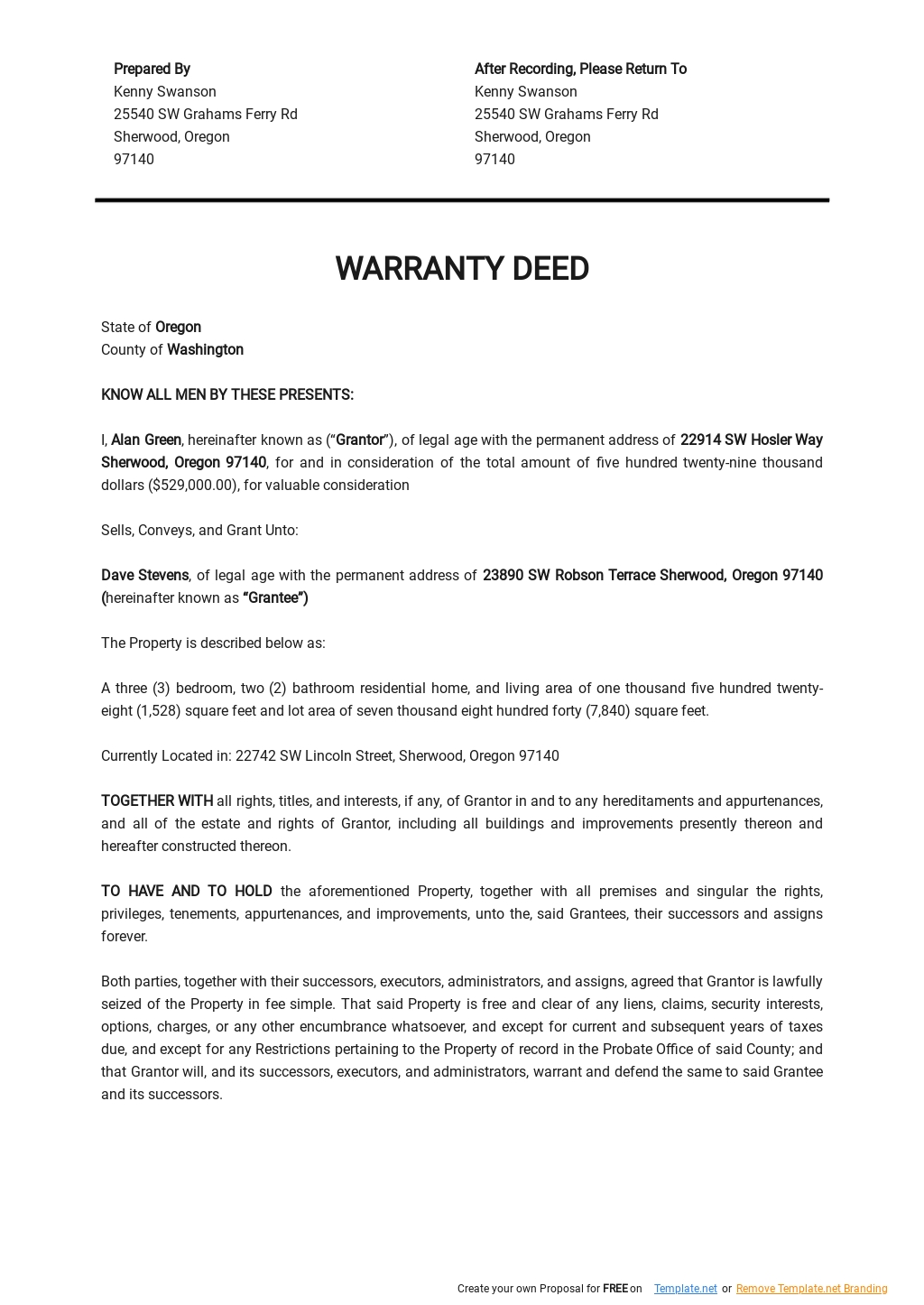 Standard Warranty Deed Template