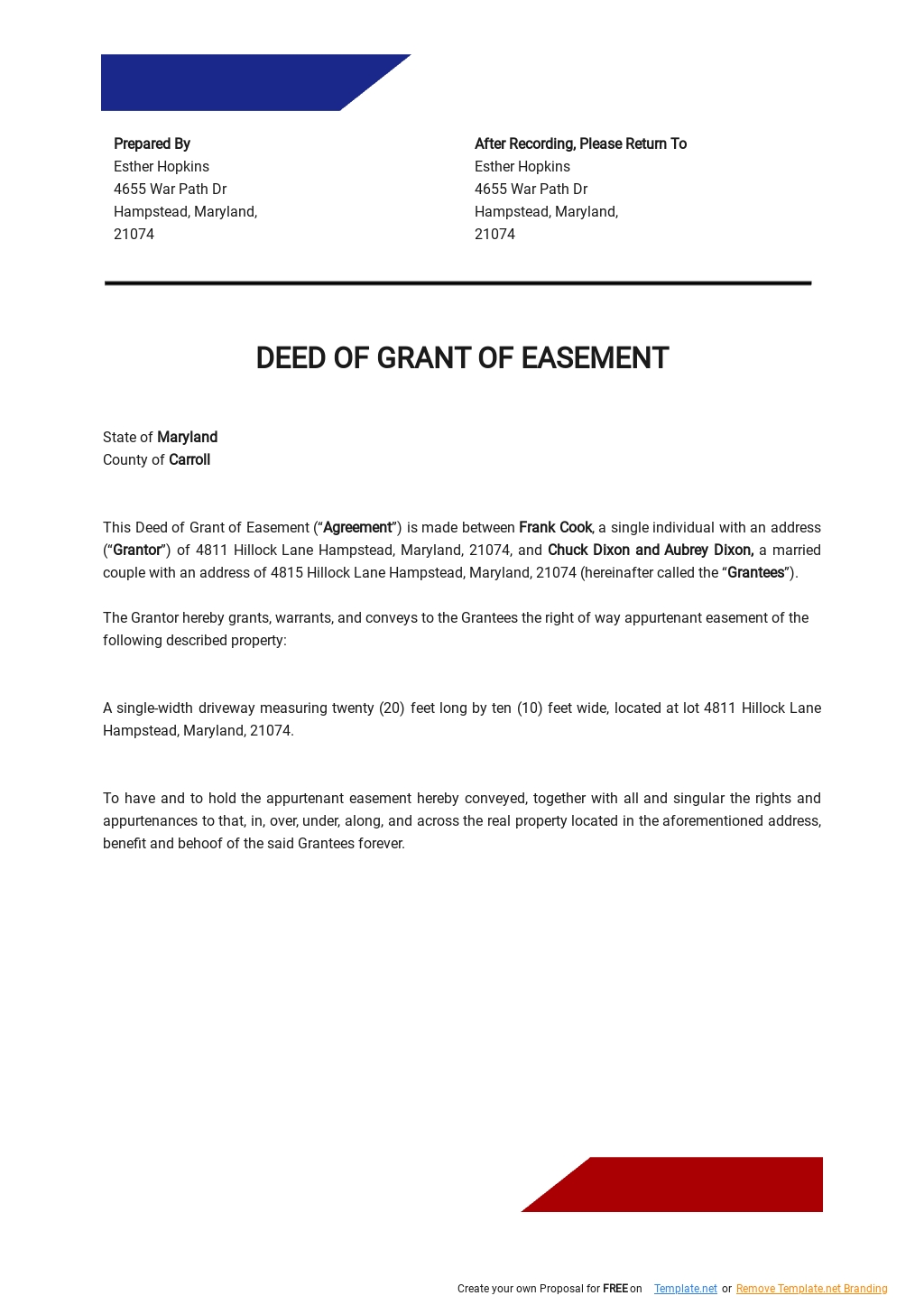 Deed of Grant of Easement Template