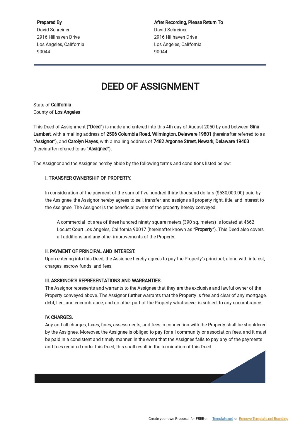 deed of assignment debt collection