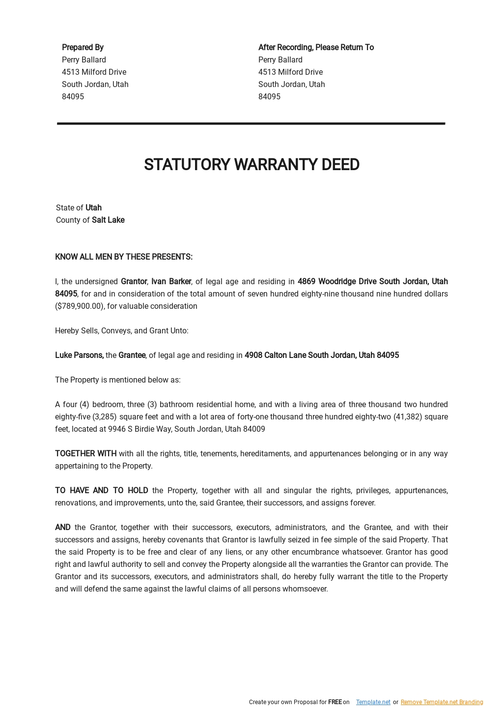 Statutory Warranty Deed Template