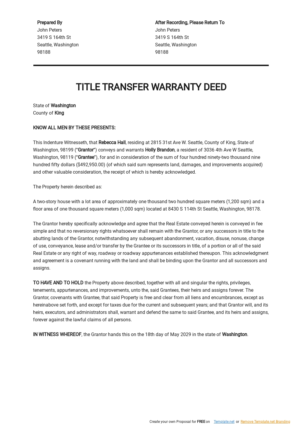 Title Transfer Warranty Deed Template