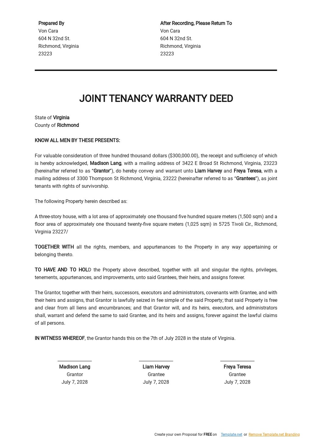 Joint Tenancy Warranty Deed Template Google Docs Word Apple Pages