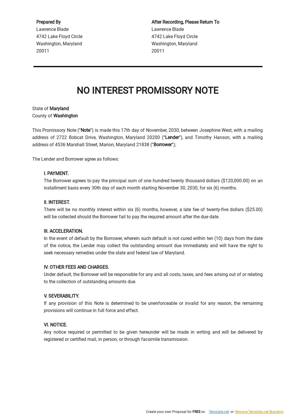 Promissory Note Template No Interest