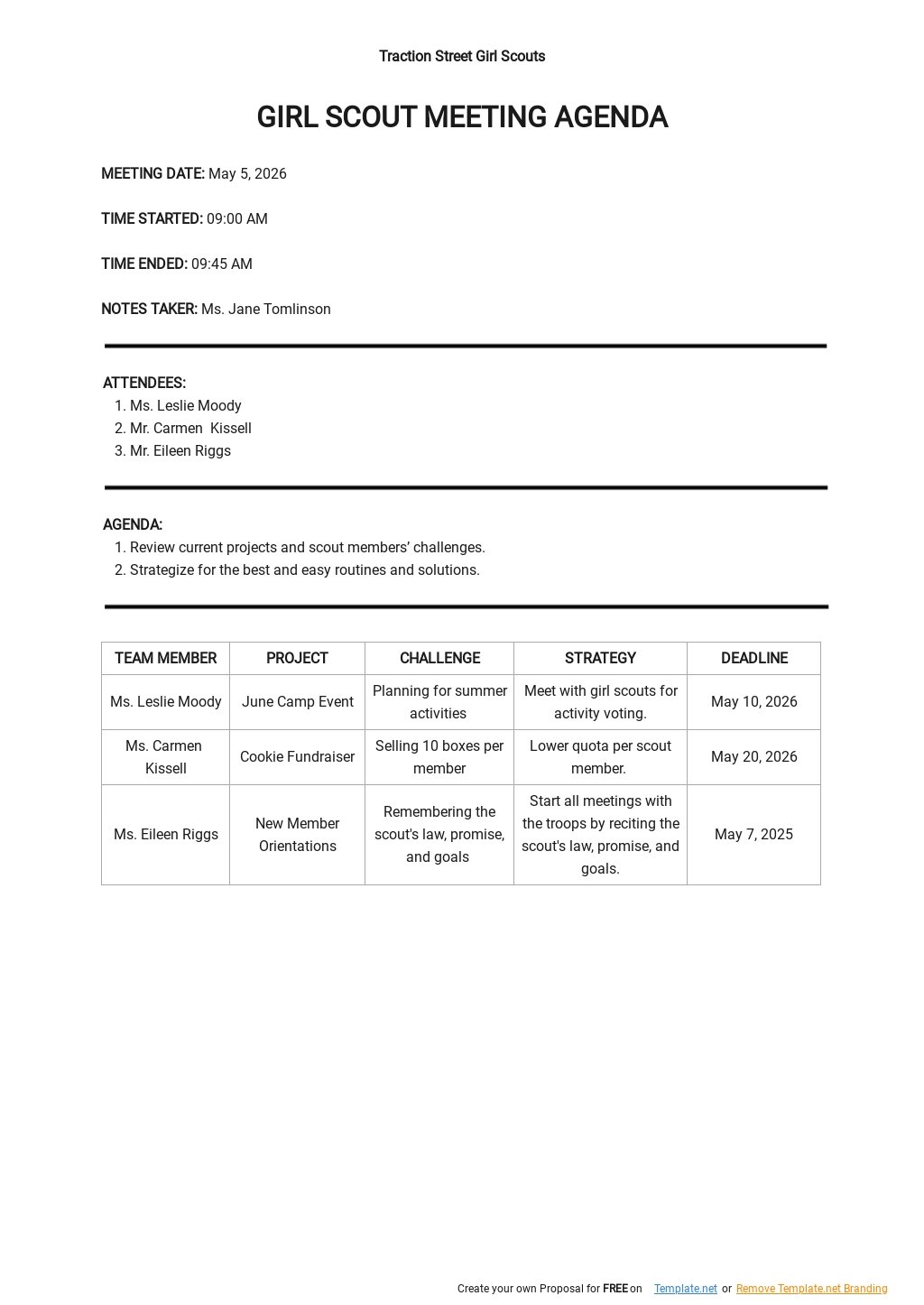 Girl Scout Meeting Agenda Template
