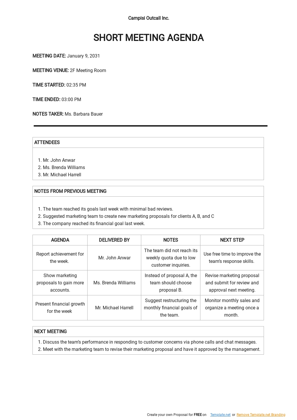 Short Meeting Agenda Template - Google Docs, Word, Apple Pages ...