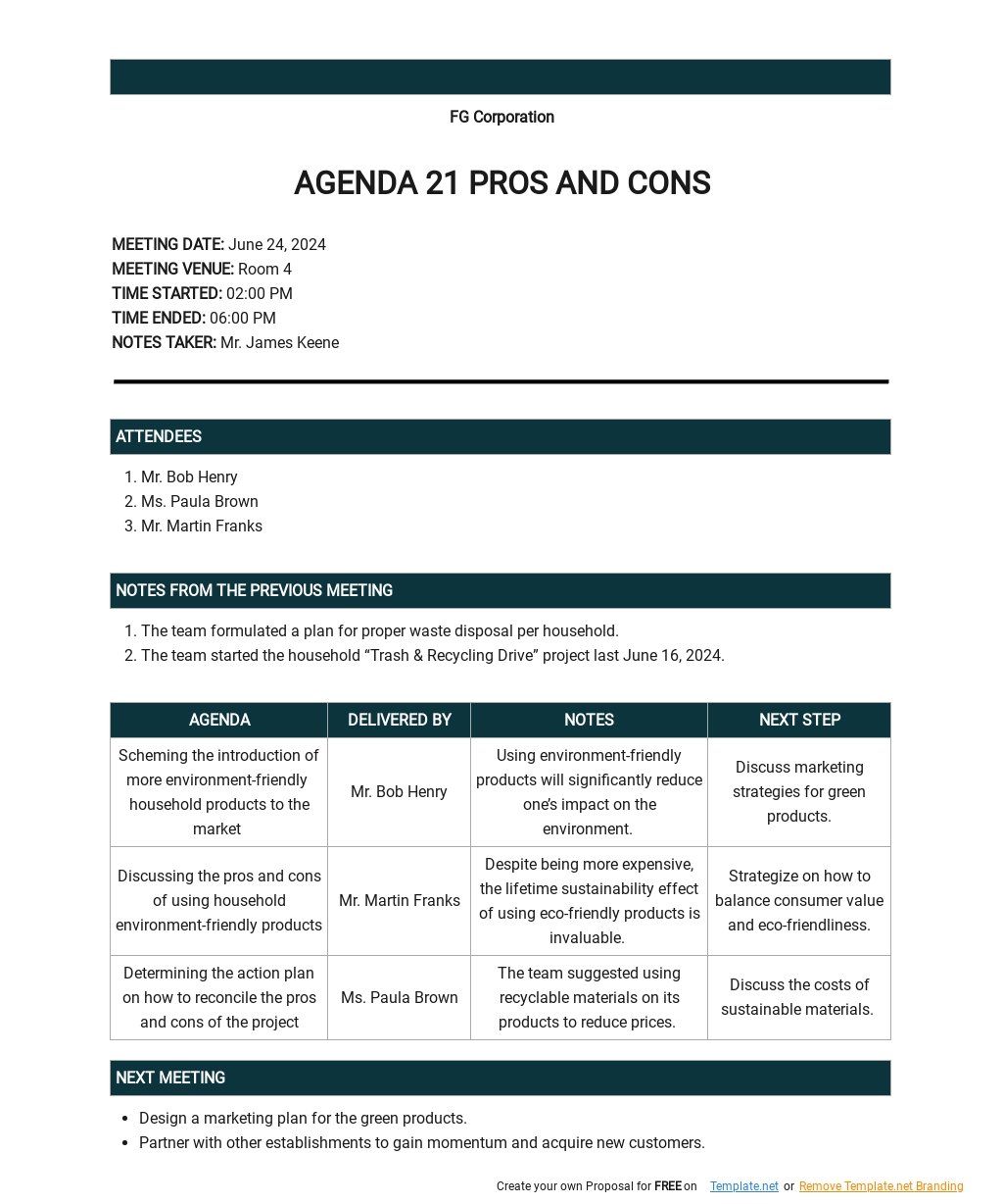 Agenda 21 Pros and Cons Template