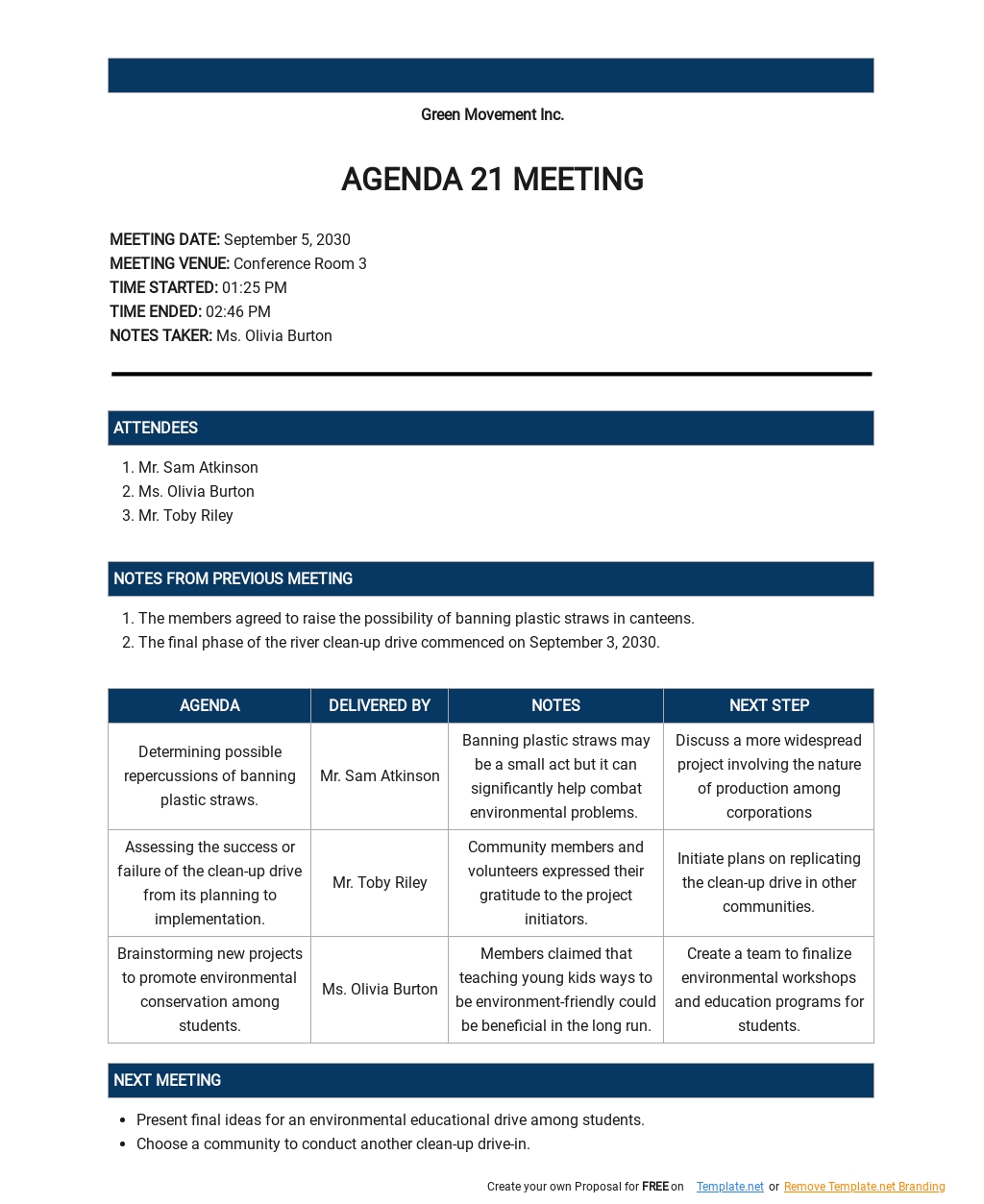 Agenda 21 Meeting Template