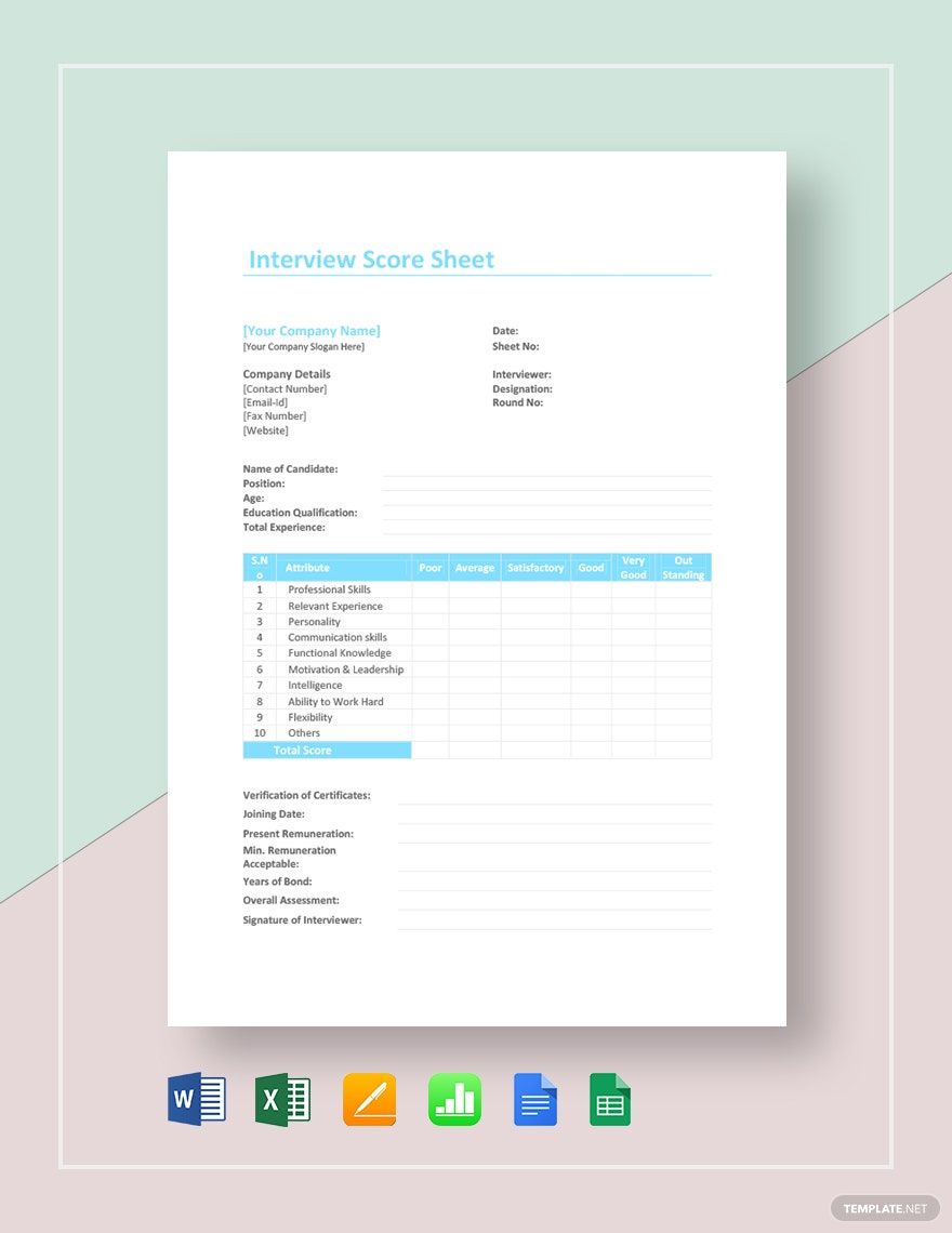 Interview Score Sheet Template in Word, Google Docs, Excel, Google Sheets, Apple Pages, Apple Numbers