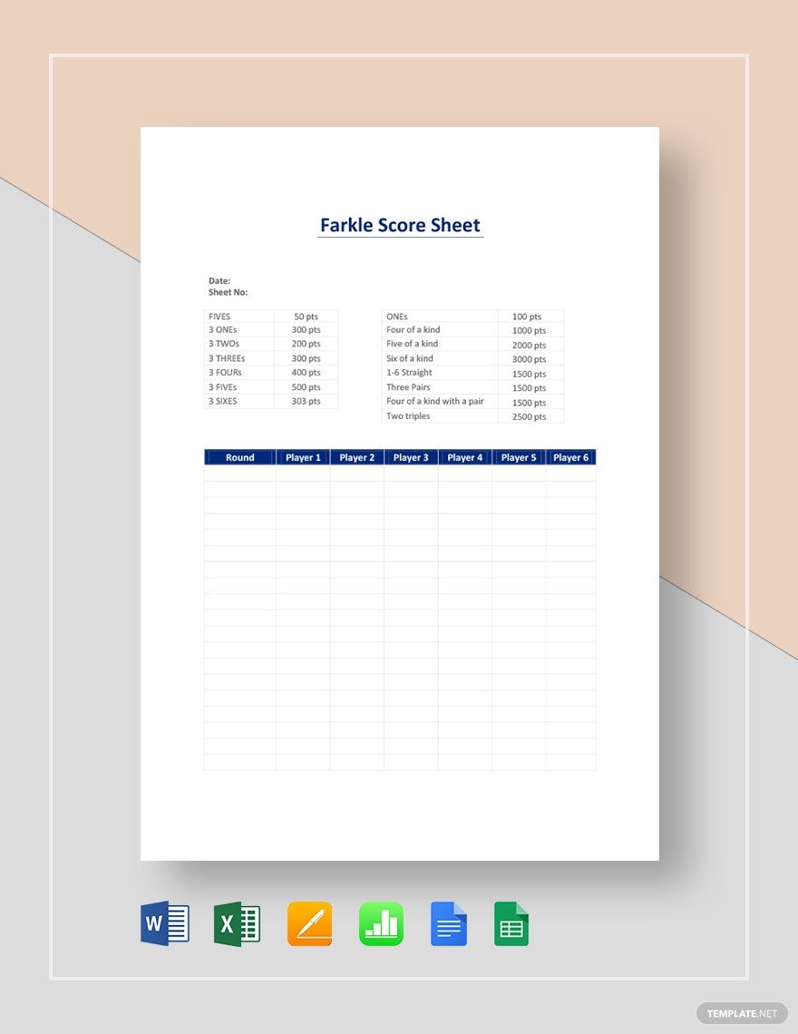 Farkle Score Sheet Template in Word, Google Docs, Excel, Google Sheets, Apple Pages, Apple Numbers