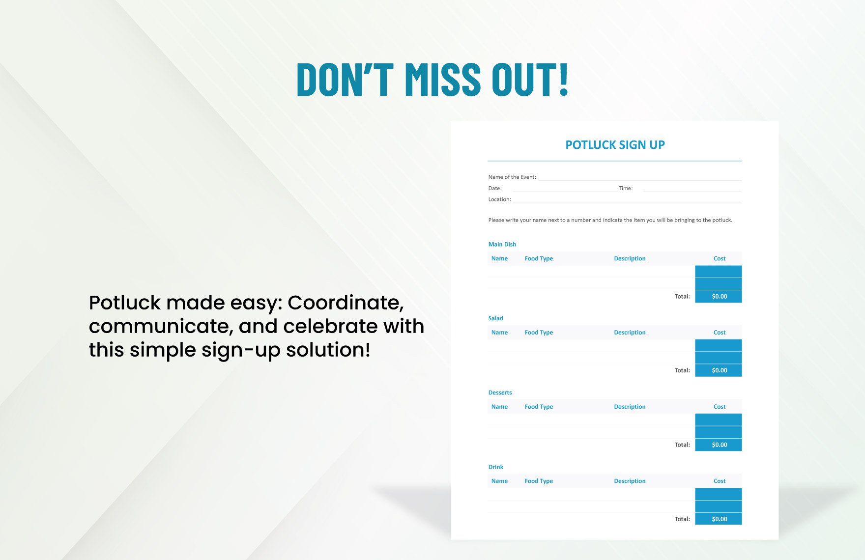 Potluck Sign Up Sheet Template