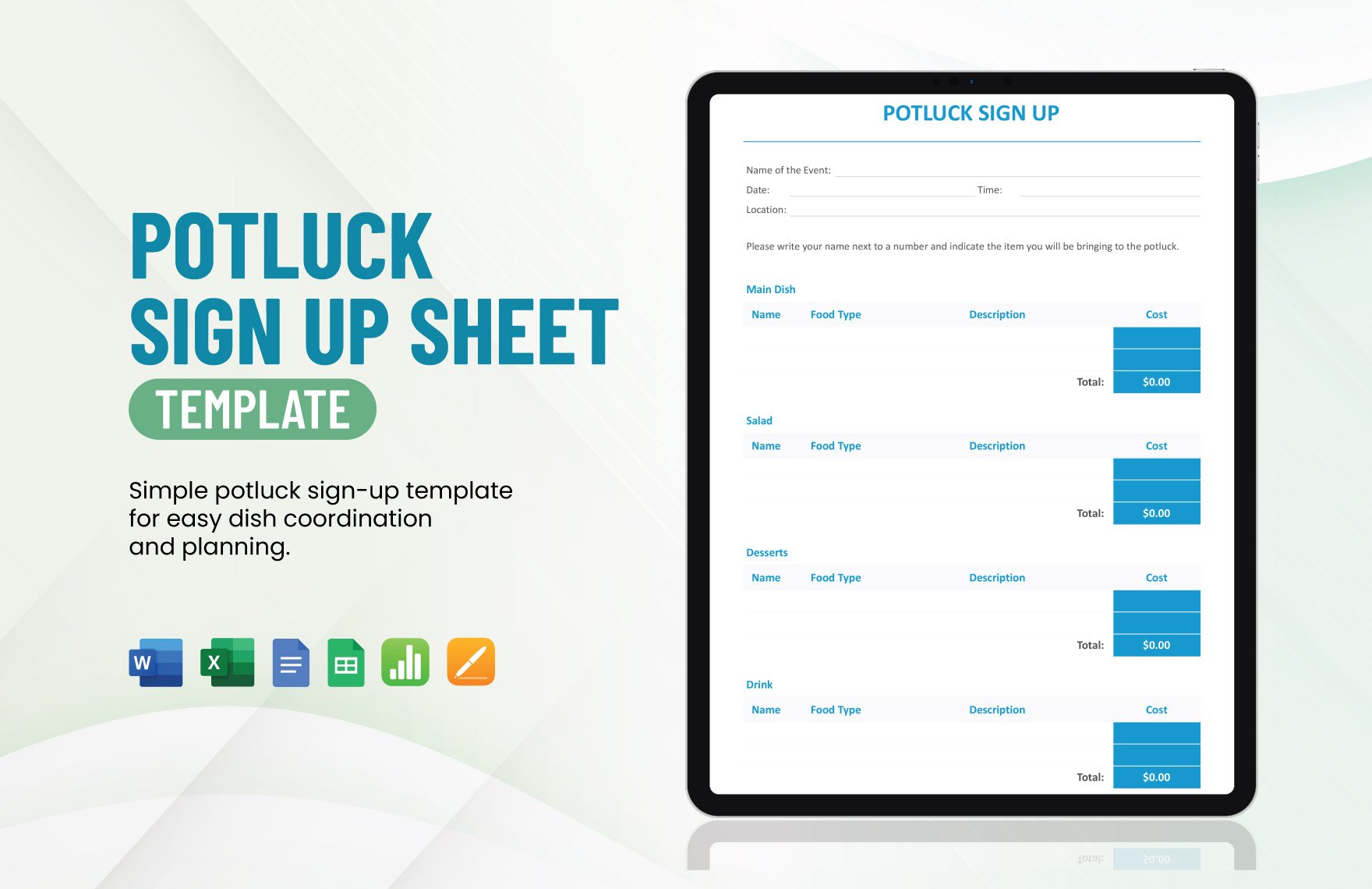 Potluck Sign Up Sheet Template in Word, Google Docs, Excel, Google Sheets, Apple Pages, Apple Numbers