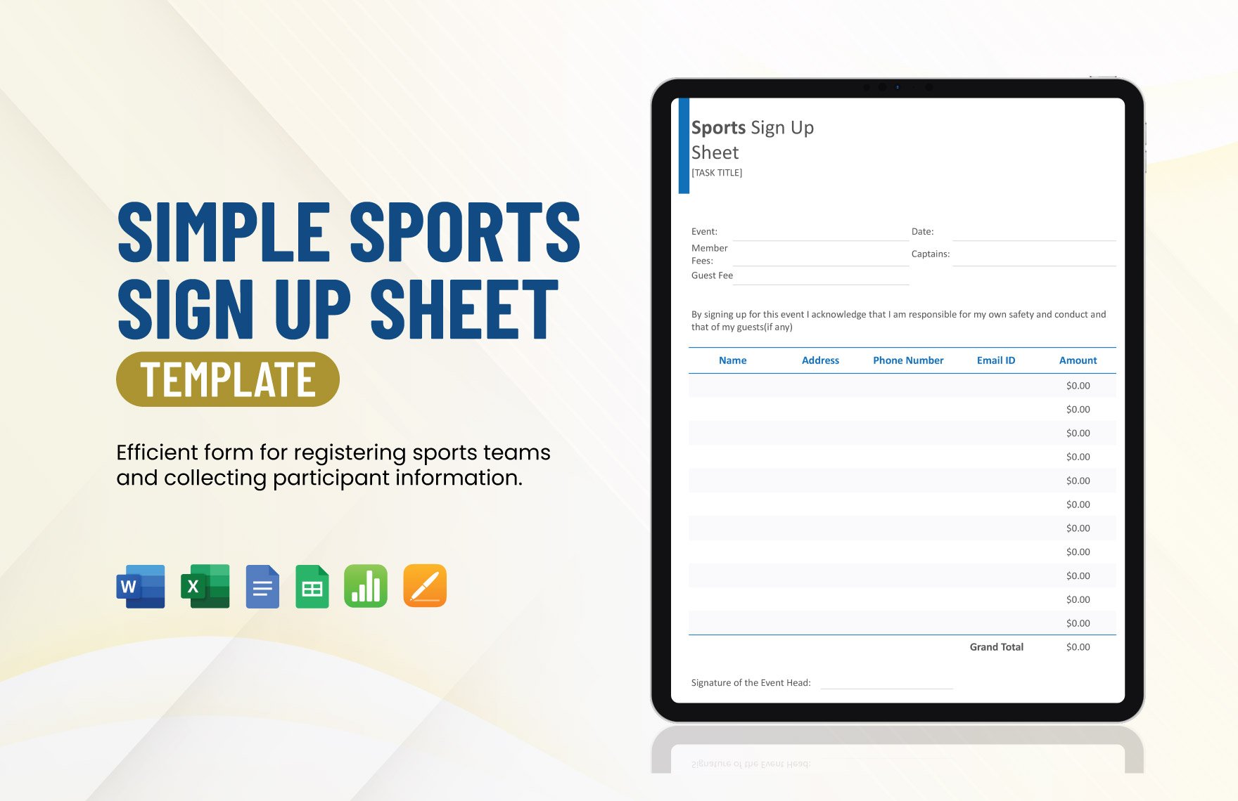 Simple Sports Sign Up Sheet Template in Word, Google Docs, Excel, Google Sheets, Apple Pages, Apple Numbers
