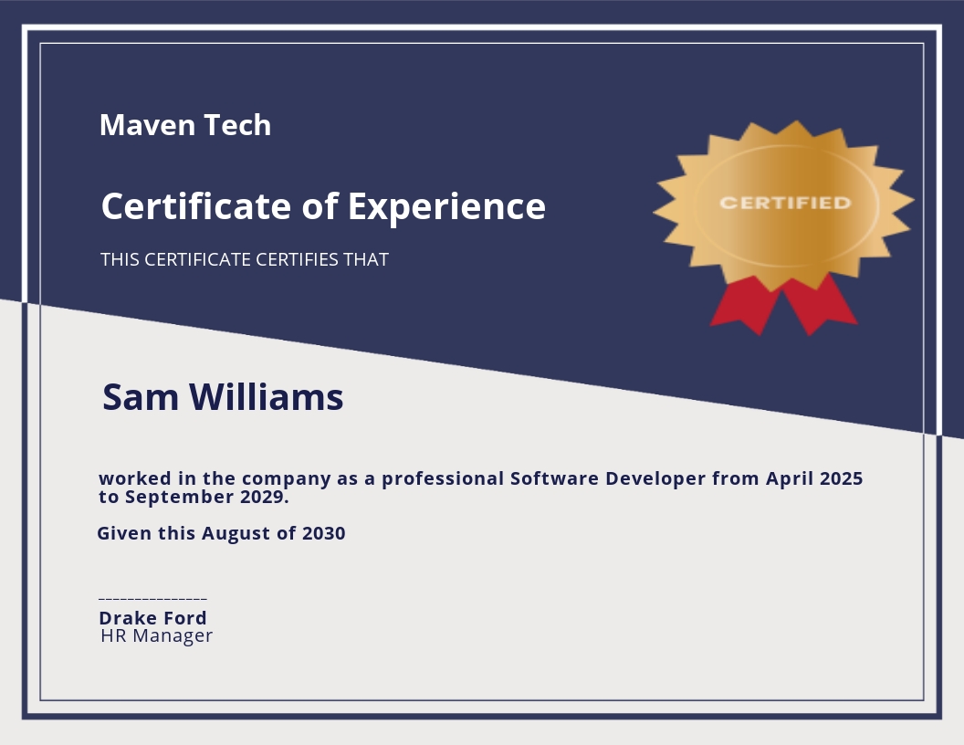 Experience Certificate Template - Google Docs, Illustrator, InDesign, Word, Outlook, PSD
