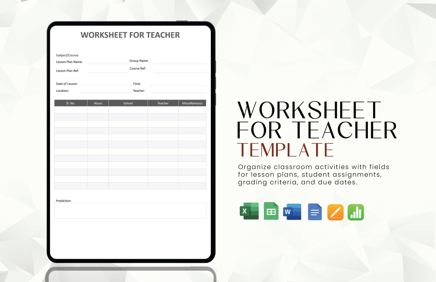 Worksheet for Teacher Template in Word, Google Docs, Excel, Google Sheets, Apple Pages, Apple Numbers