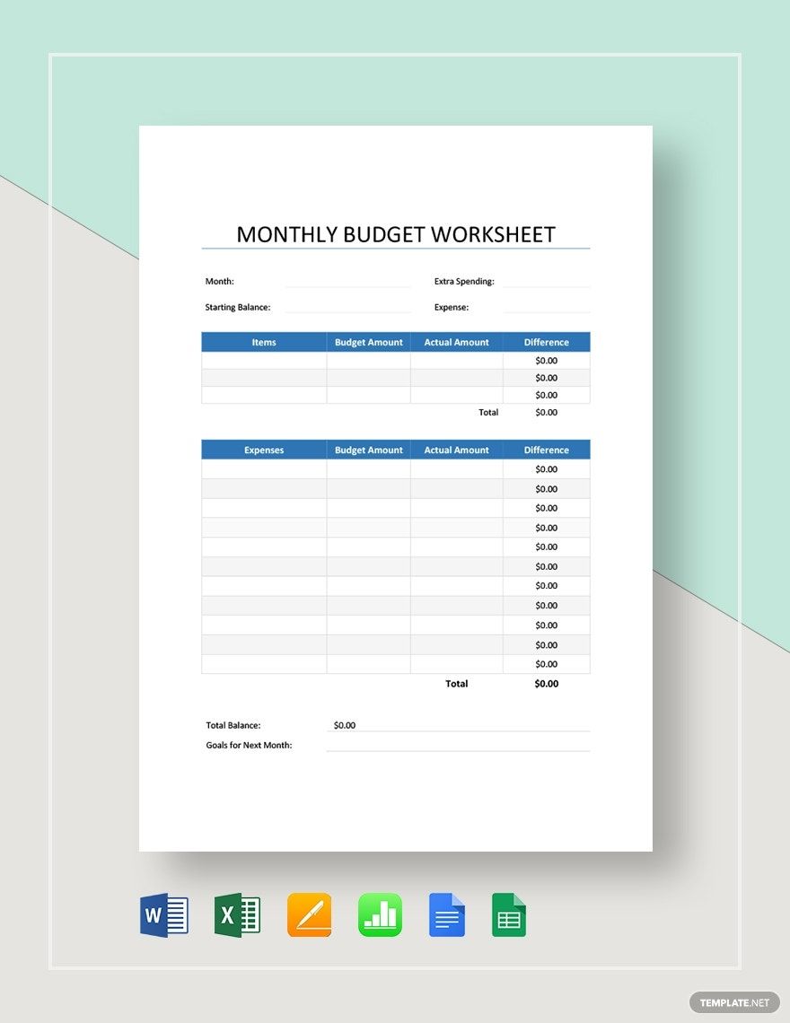 Simple Monthly Budget Worksheet Template