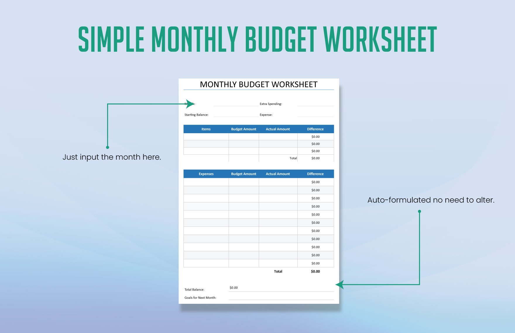 Simple Monthly Budget Worksheet Template