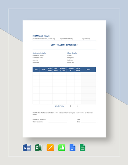 Sample Contractor Timesheet Template Download in Word Google Docs