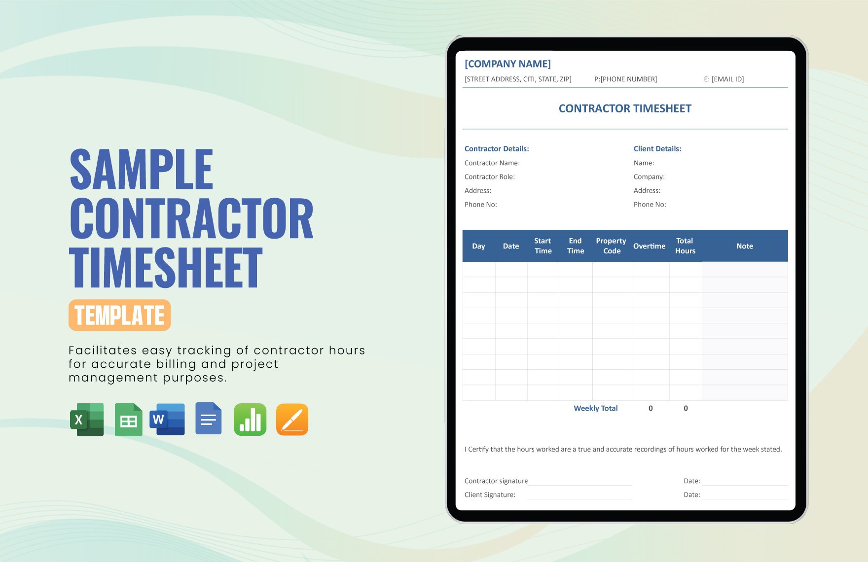 Sample Contractor Timesheet Template in Word, Google Docs, Excel, Google Sheets, Apple Pages, Apple Numbers