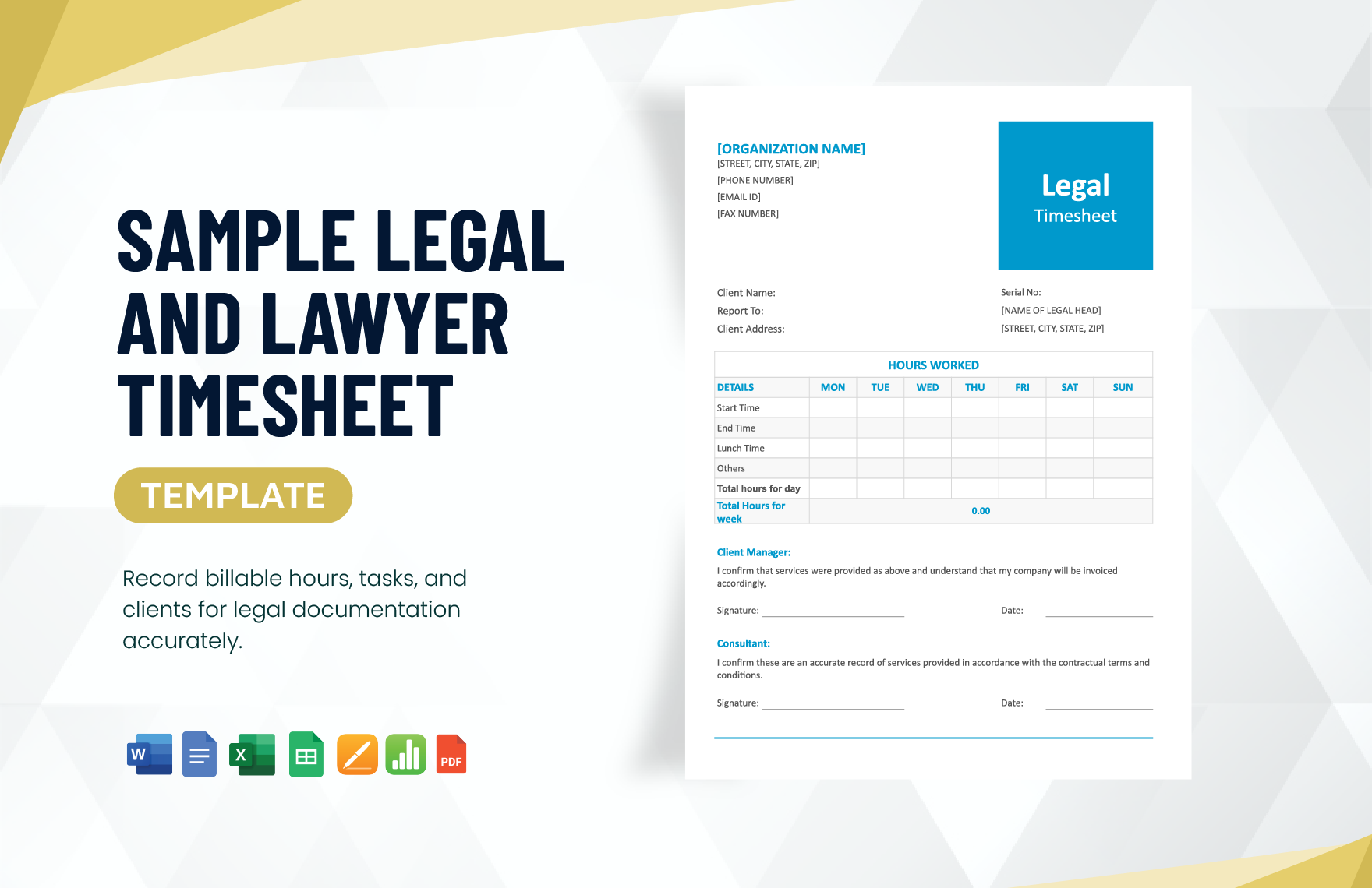 Sample Legal and Lawyer Timesheet Template in Word, Google Docs, Excel, PDF, Google Sheets, Apple Pages, Apple Numbers