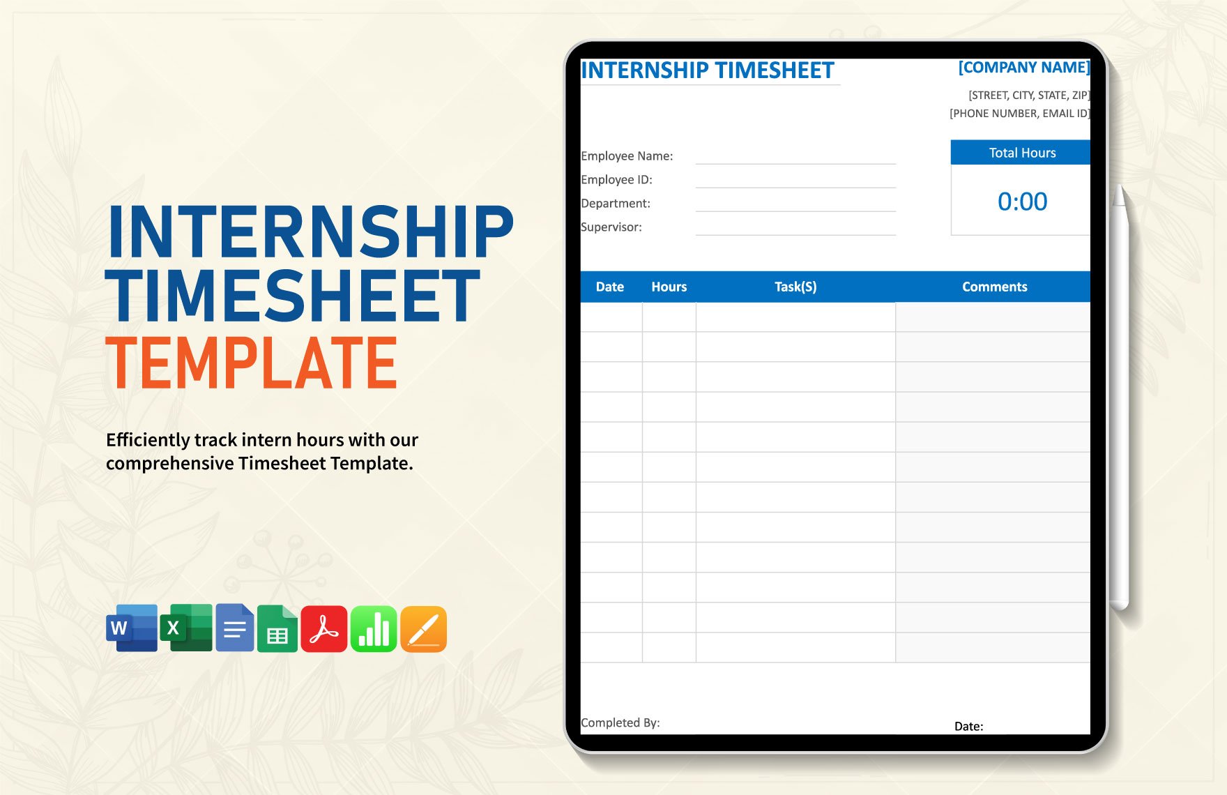 Internship Timesheet Template in Word, Google Docs, Excel, PDF, Google Sheets, Apple Pages, Apple Numbers