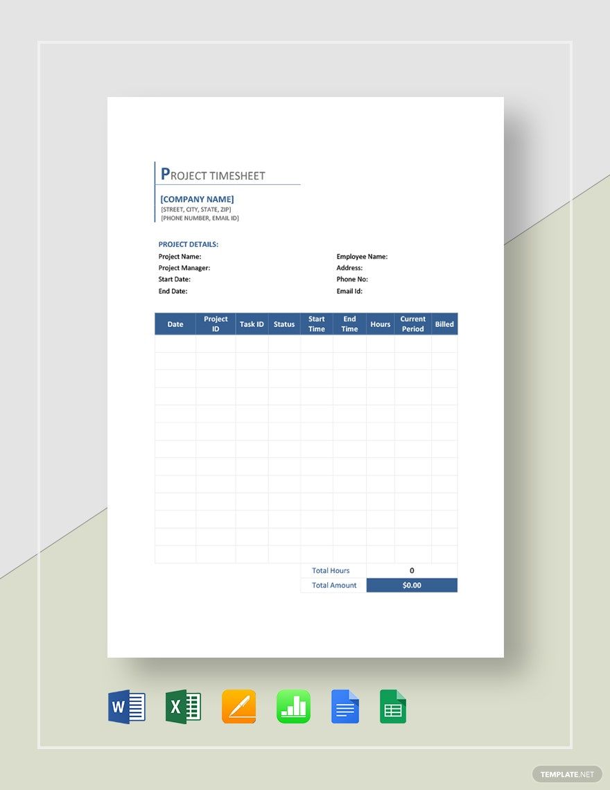 Sample Project Timesheet Template in Word, Google Docs, Excel, PDF, Google Sheets, Apple Pages, Apple Numbers