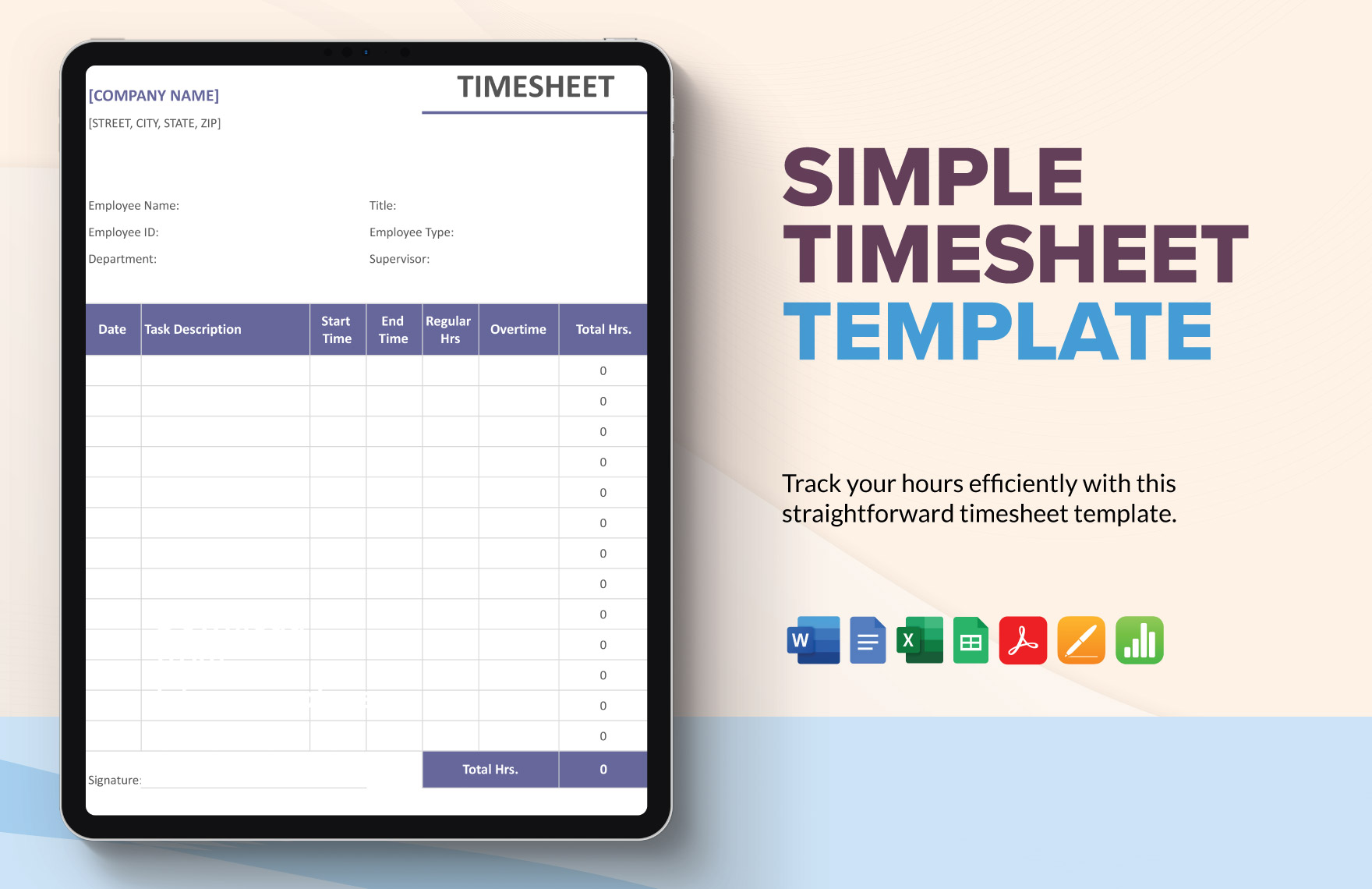 Simple Timesheet Template in Word, Google Docs, Excel, PDF, Google Sheets, Apple Pages, Apple Numbers