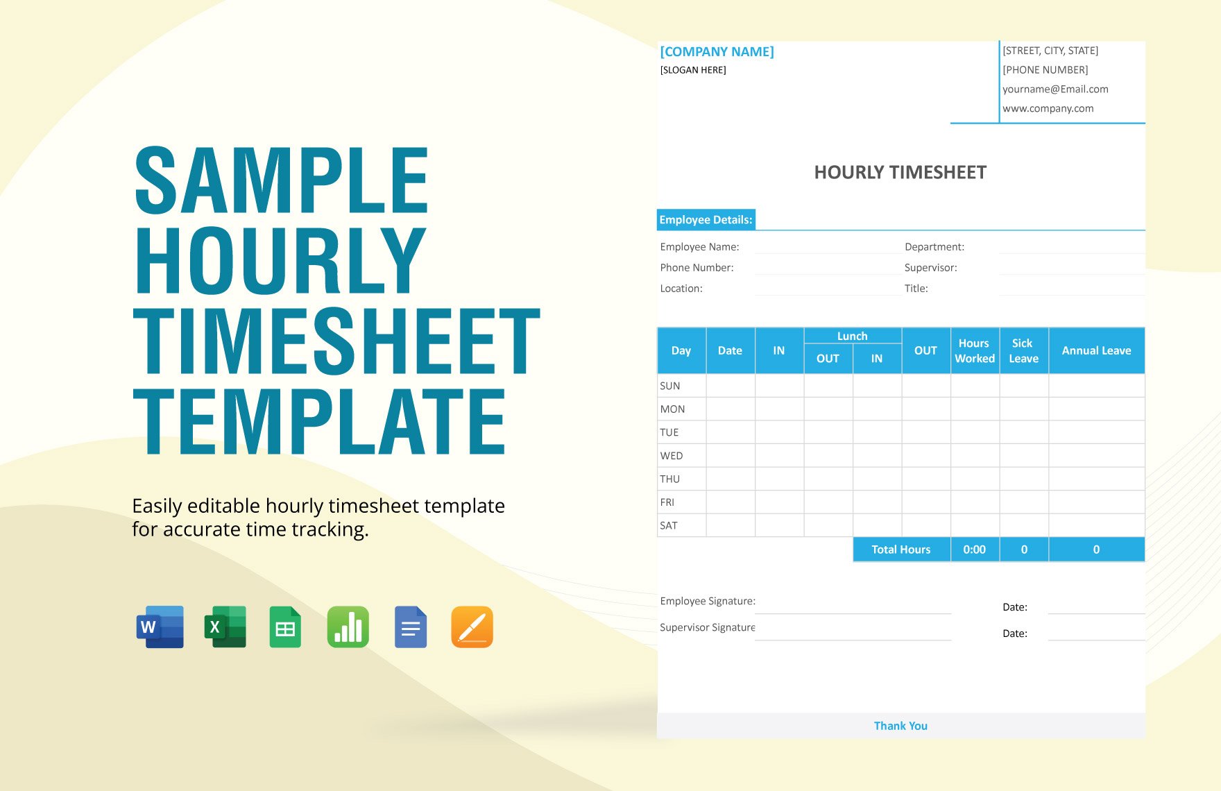 Sample Hourly Timesheet Template in Word, Google Docs, Excel, Google Sheets, Apple Pages, Apple Numbers