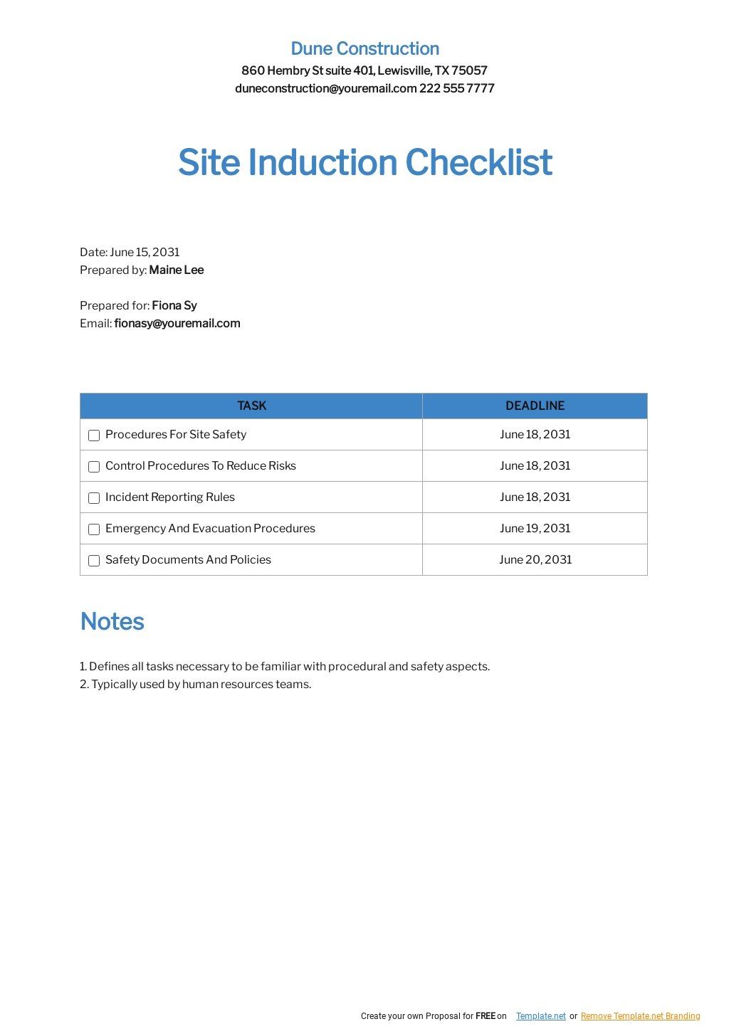 Site Induction Checklist Template
