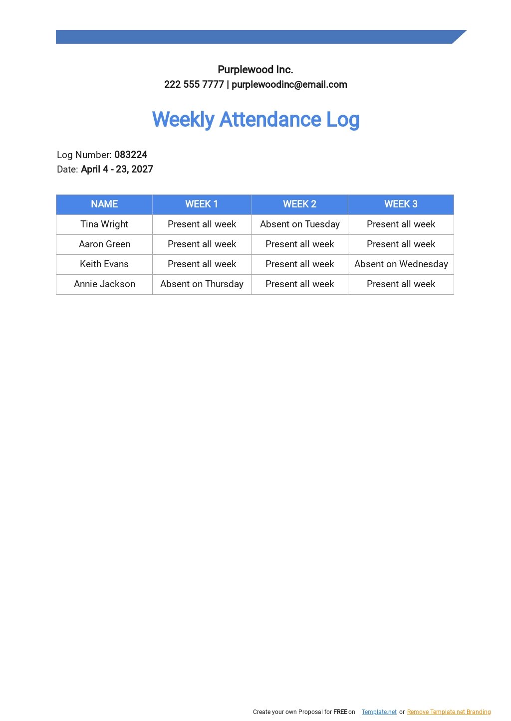 Weekly Attendance Log Template