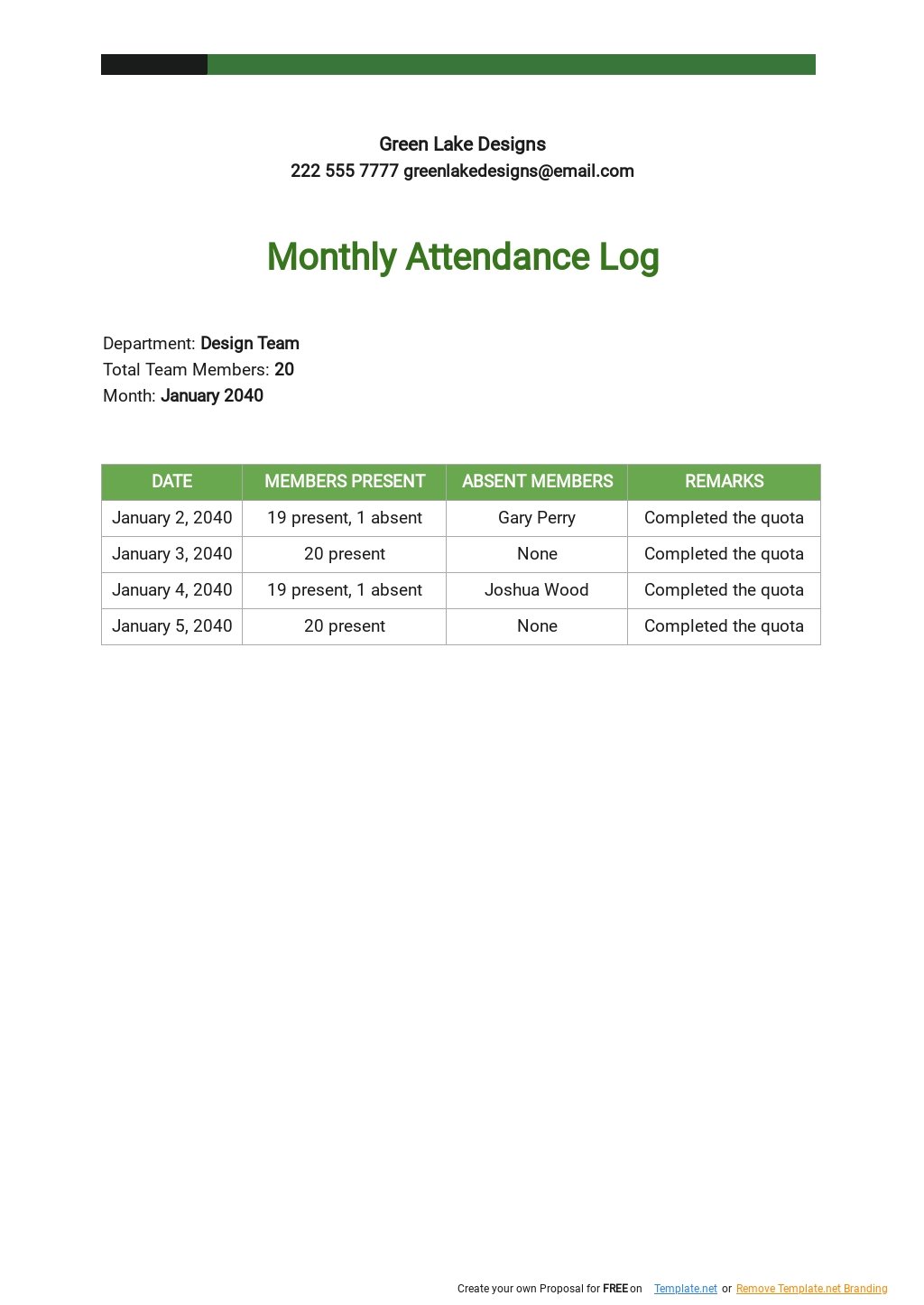 Monthly Attendance Log Template