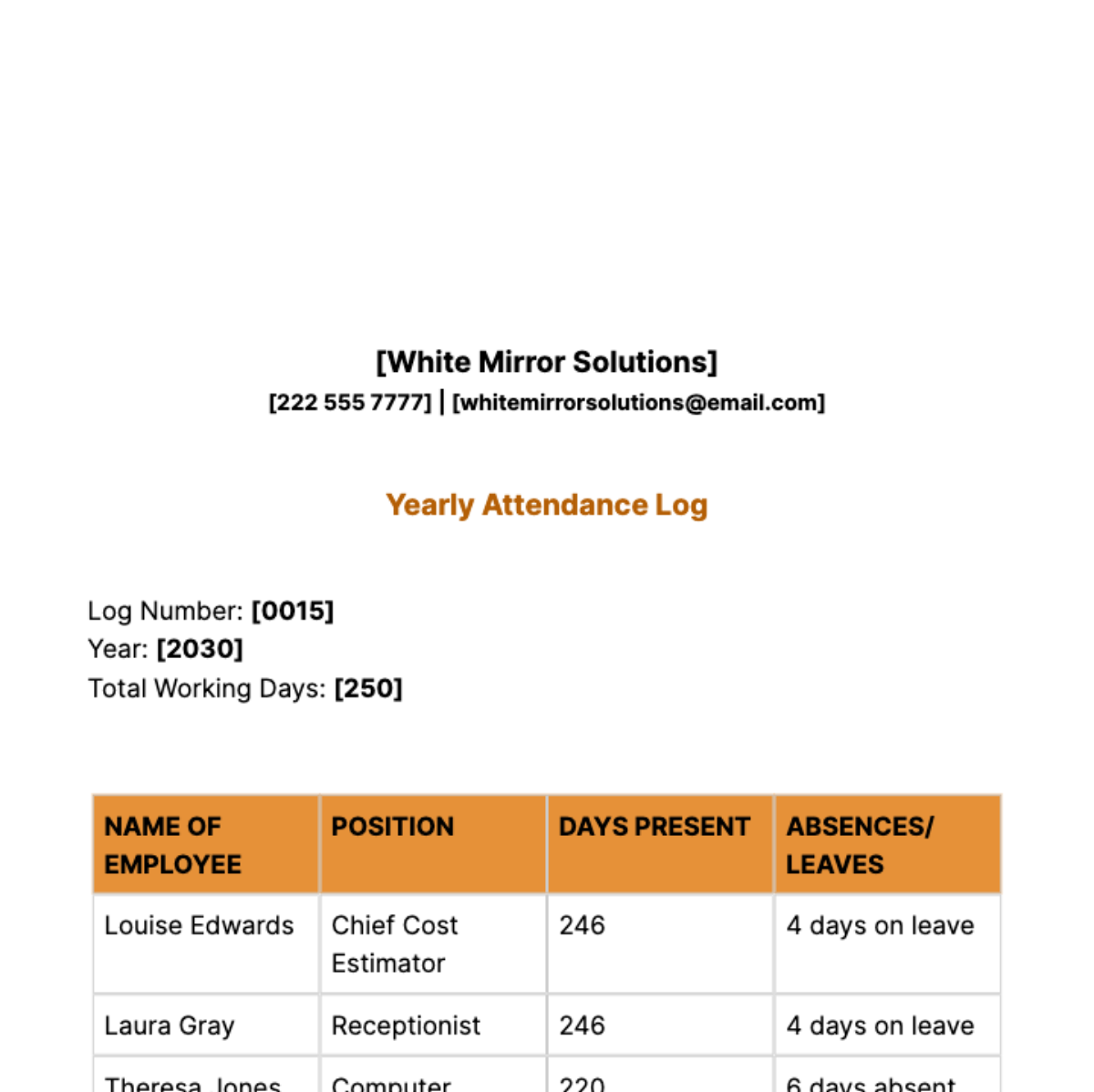 Yearly Attendance Log Template
